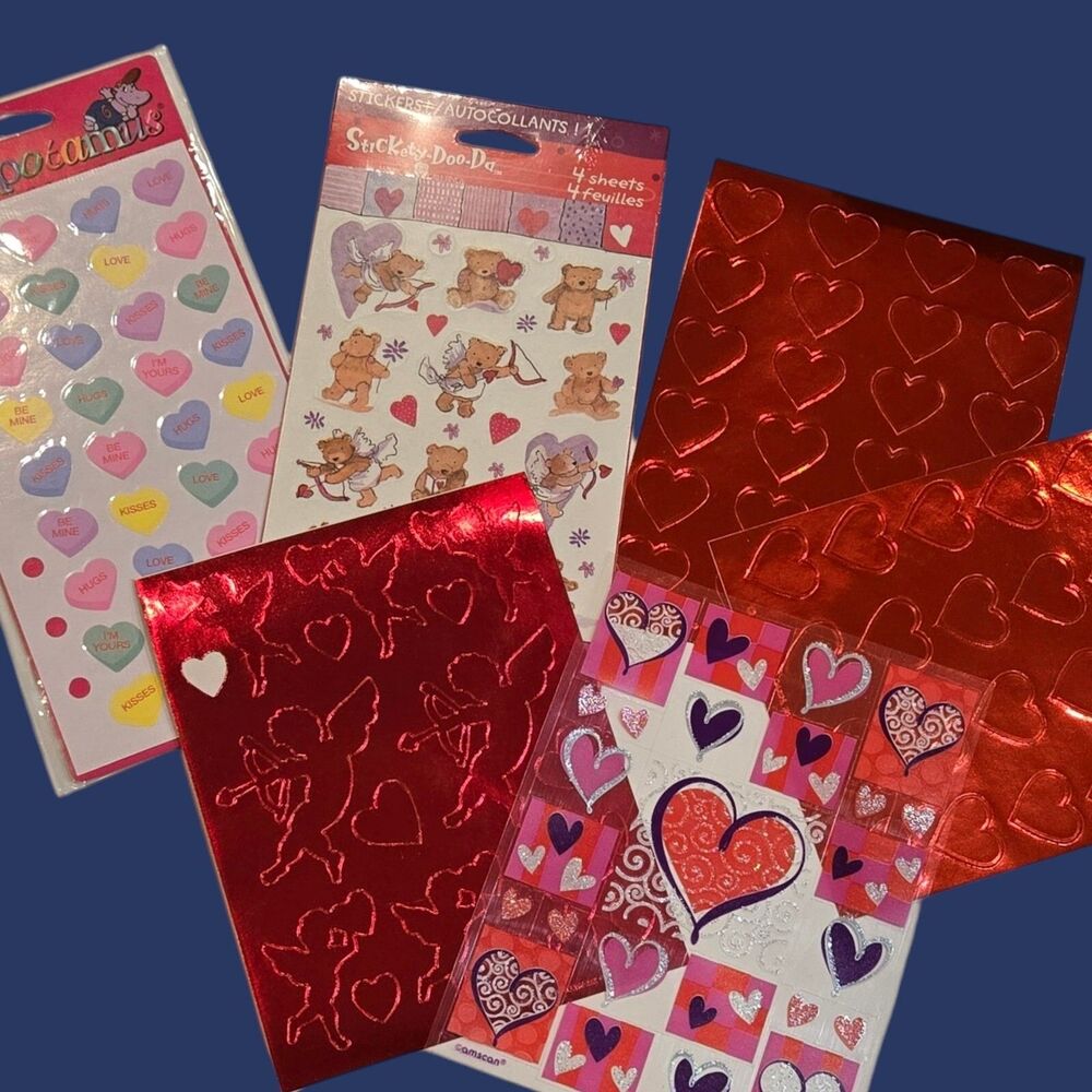 Valentine Vintage Stickers 1989 Hallmark Red Foil Cupid Bears Candy Hearts AGC